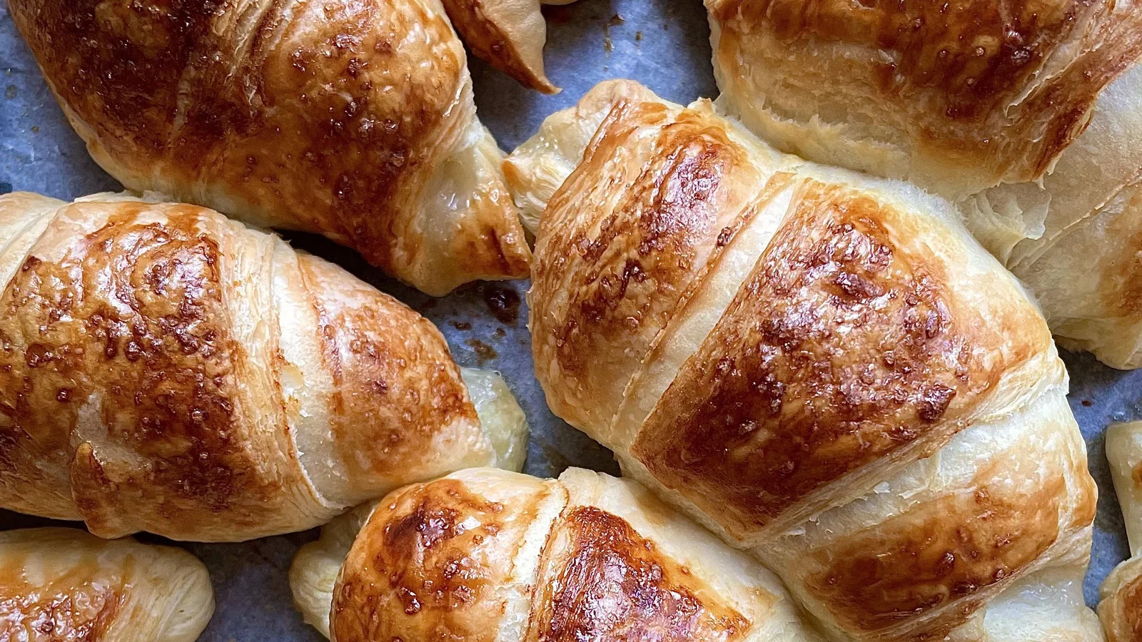 A tray filled with freshly baked croissants