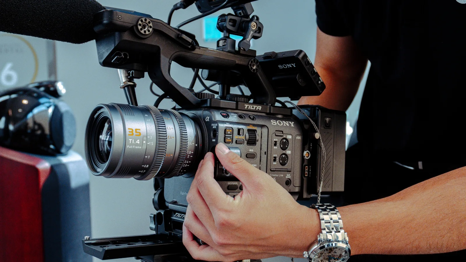 A cinema camera prepared for a dental interview production