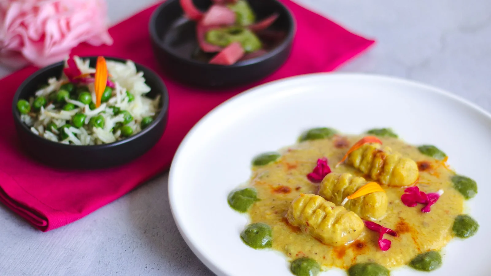 A finished dish photographed with deliberate styling and colour