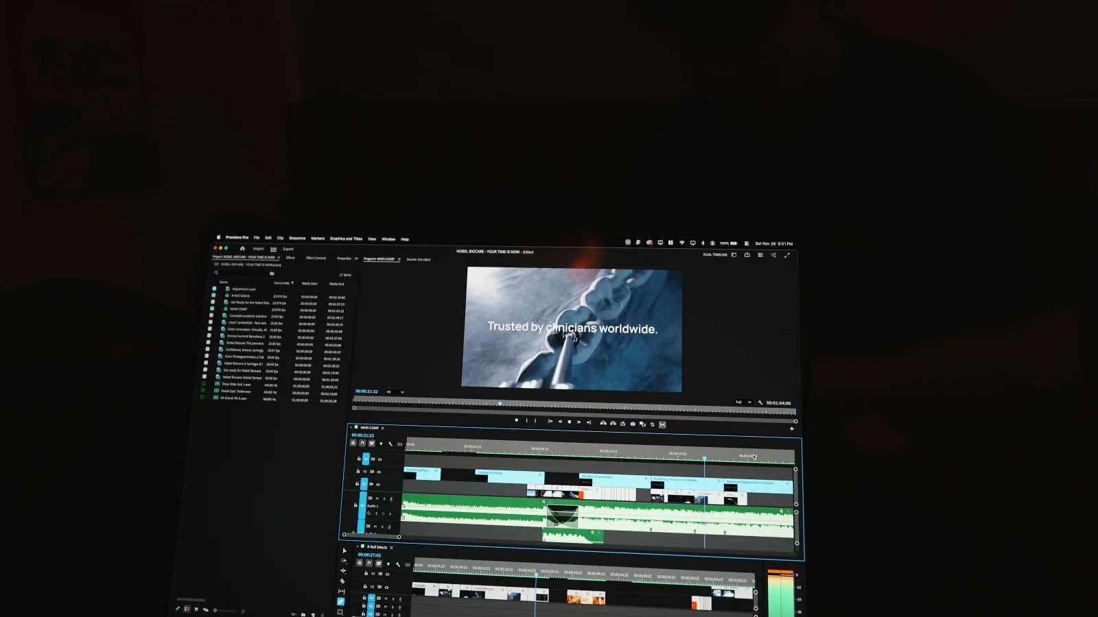 A professional edit timeline open on a production monitor